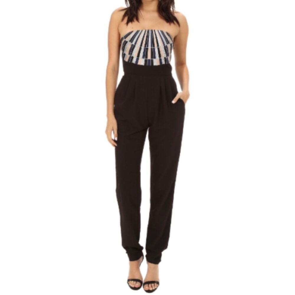 MARA HOFFMAN Black Strapless Embroidered Bodice Jumpsuit with Pockets Size 2